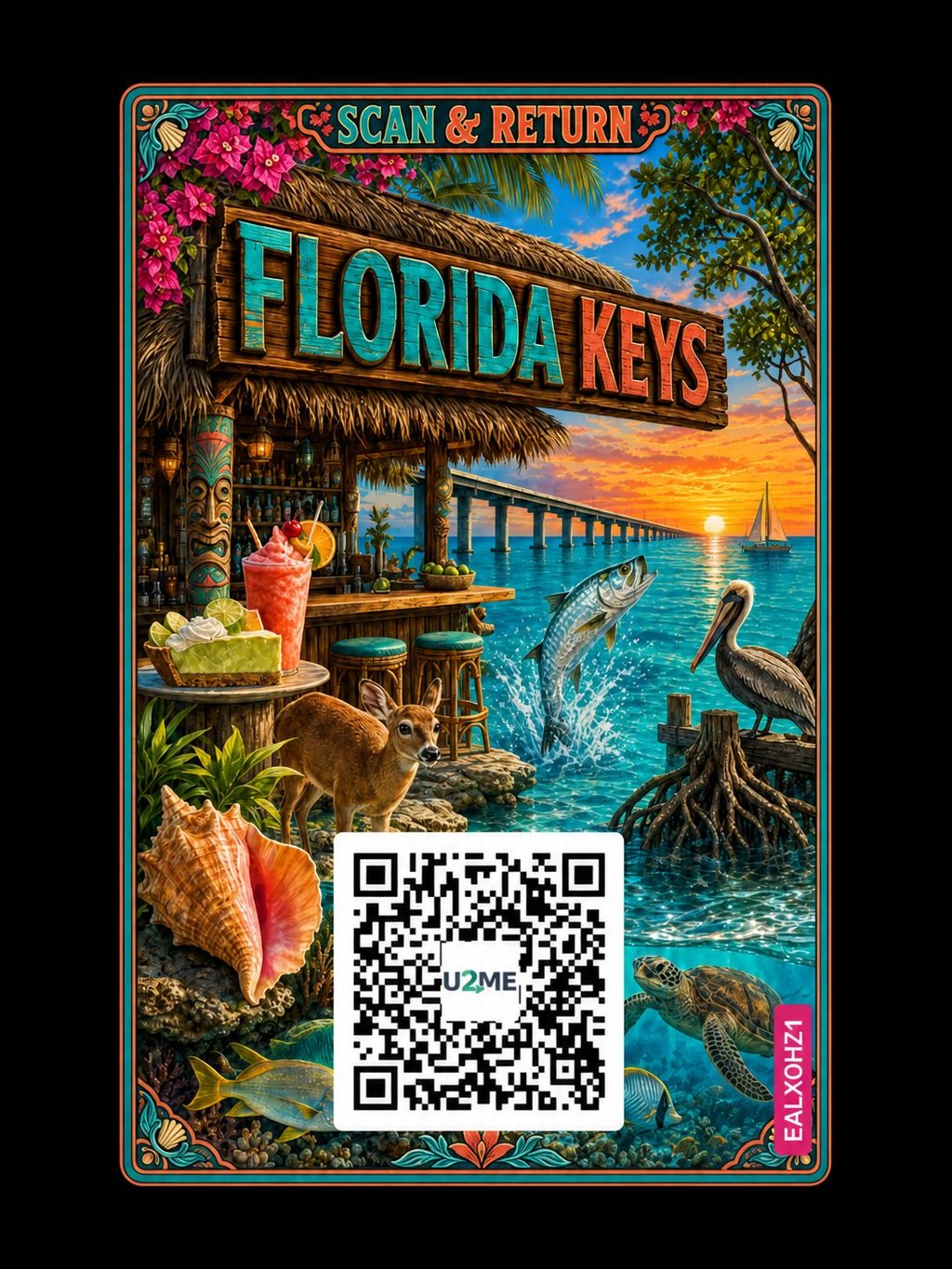 U2ME™ Florida Keys Badge — close-up tropical design with QR code