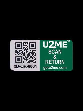 U2ME™ Label — close-up showing QR code and Scan & Return branding